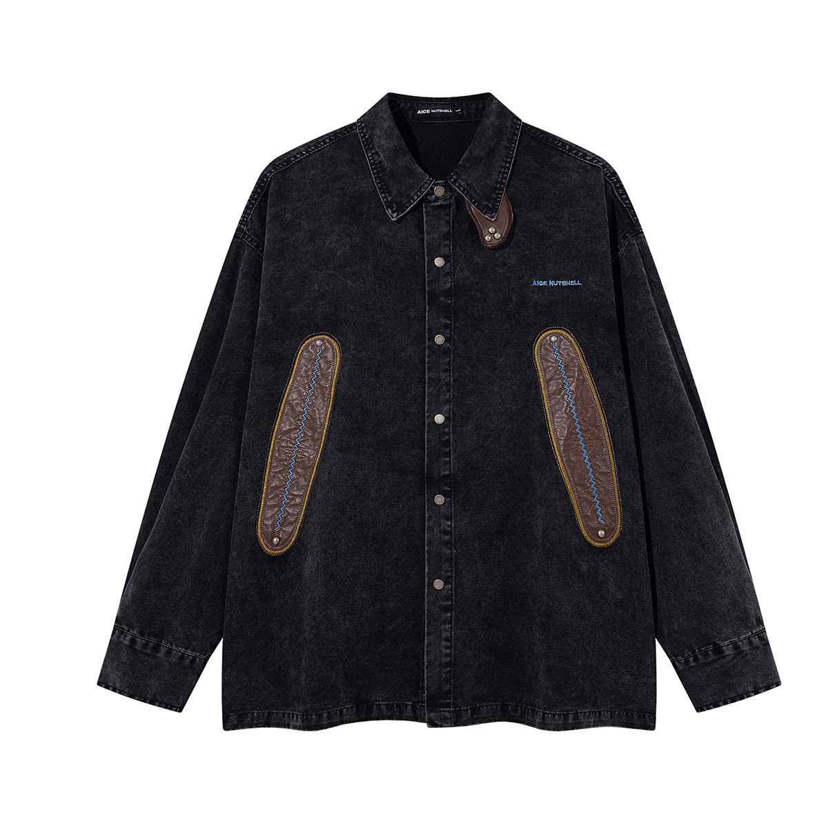 Acid Wash Denim Overshirt with Leather Patch Pockets & Snap Buttons