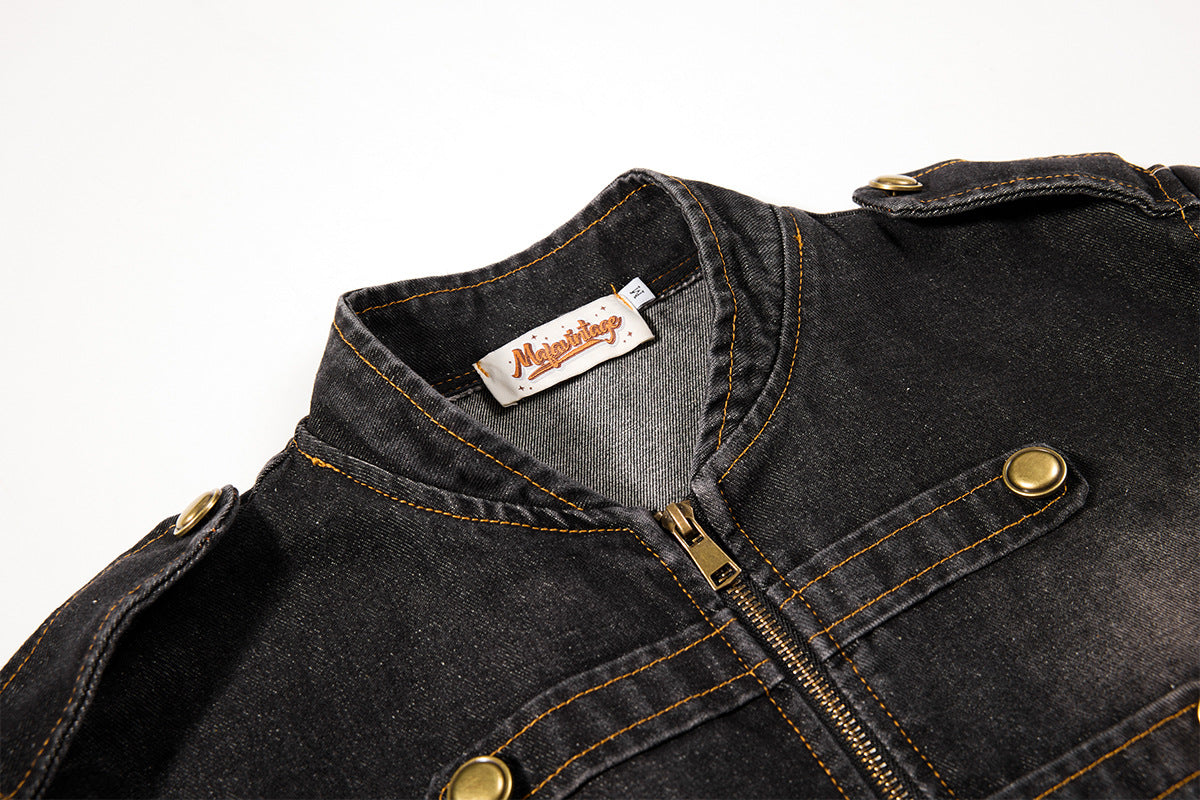 Military-Style Washed Denim Jacket – Stand Collar, Double-Breasted Button Detail