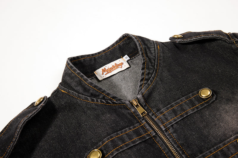 Military-Style Washed Denim Jacket – Stand Collar, Double-Breasted Button Detail