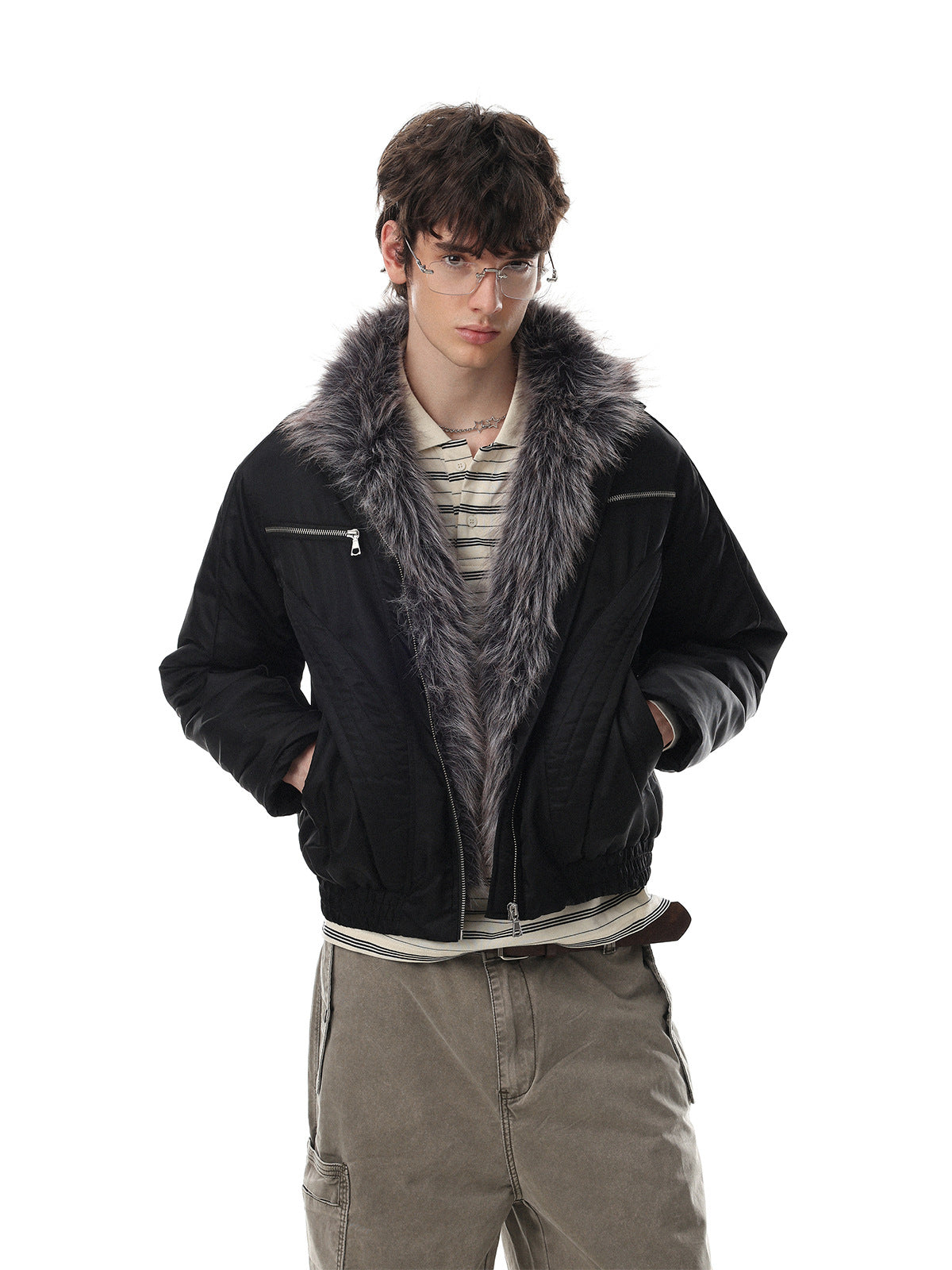 Quilted Padded Jacket with Faux Fur Collar – Moto-Inspired Deconstructed Design