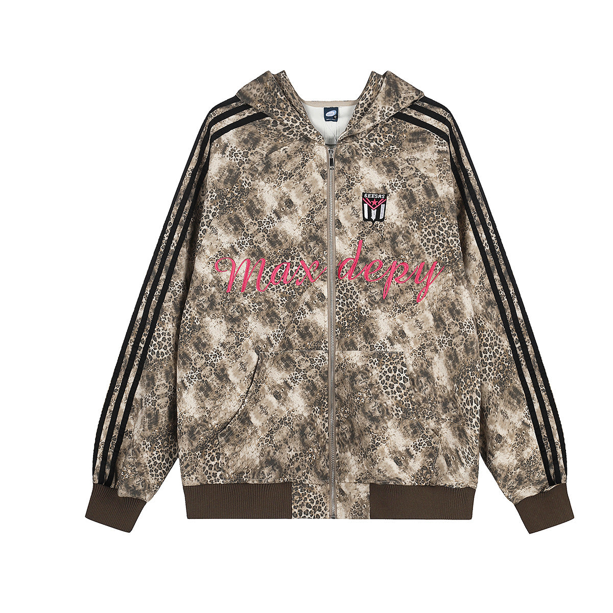 Oversized-Hoodie mit Leopardenprint und Reißverschluss, drei schwarzen Streifen an den Ärmeln und in der Rückenmitte sowie braunen Rippbündchen an Ärmeln und Saum