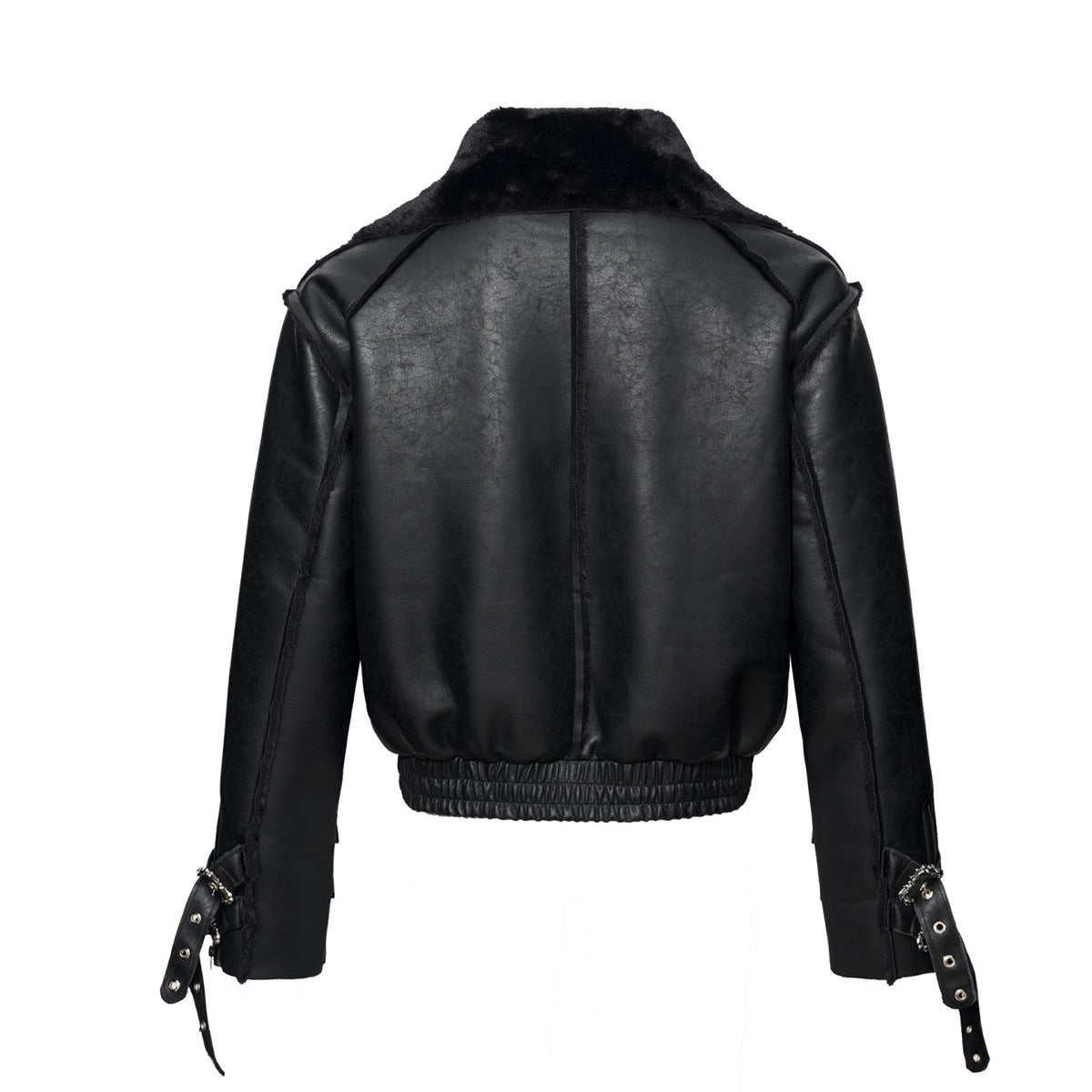 Leather Jacket with Fur Collar – Black Bomber Moto Jacket with Cargo Pockets &