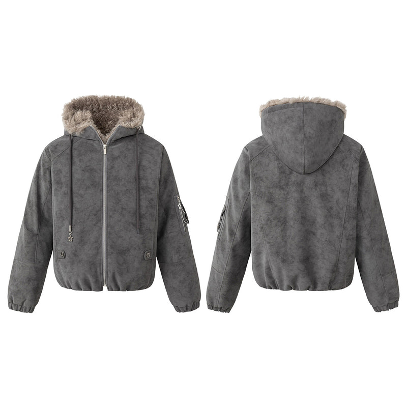Veste bomber à capuche – Similicuir effet usé, col en fausse fourrure et garnissage matelassé