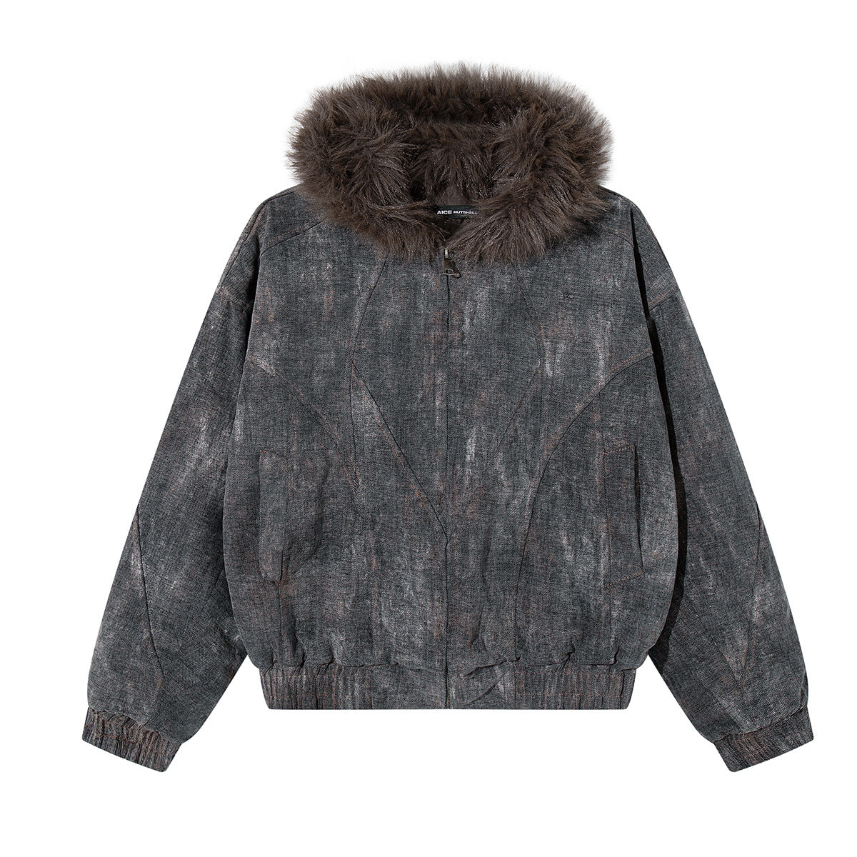 Oversized washed denim bomber jacket with faux fur hood trim in distressed grey-blue colorway, front and back view