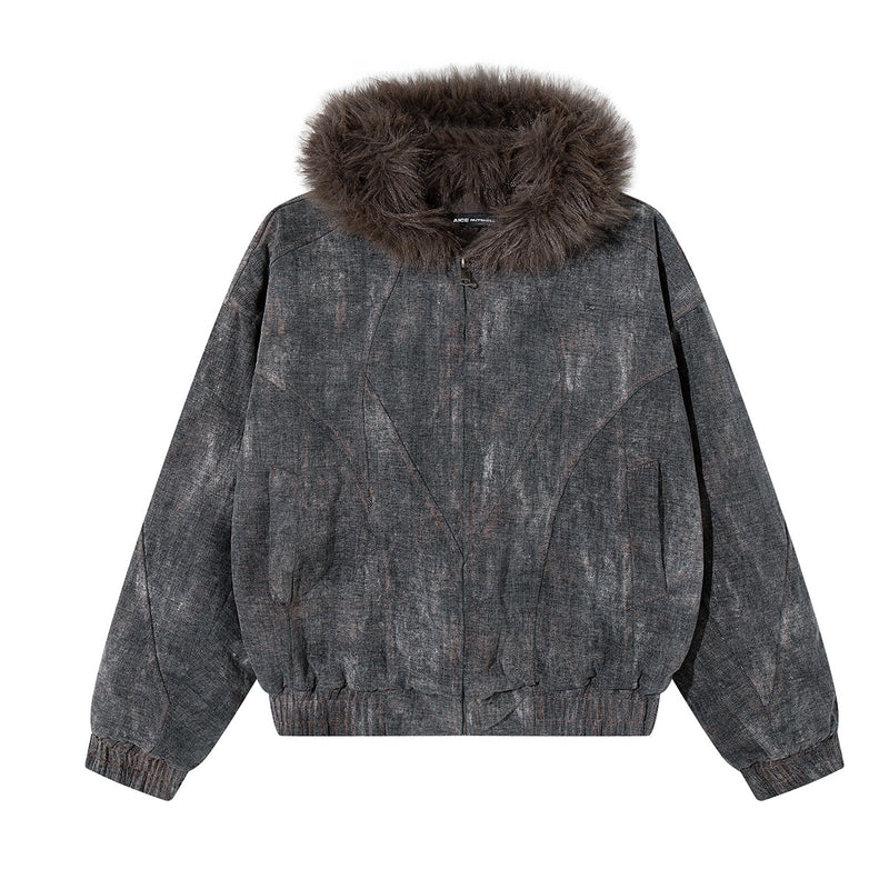 Oversized washed denim bomber jacket with faux fur hood trim in distressed grey-blue colorway, front and back view