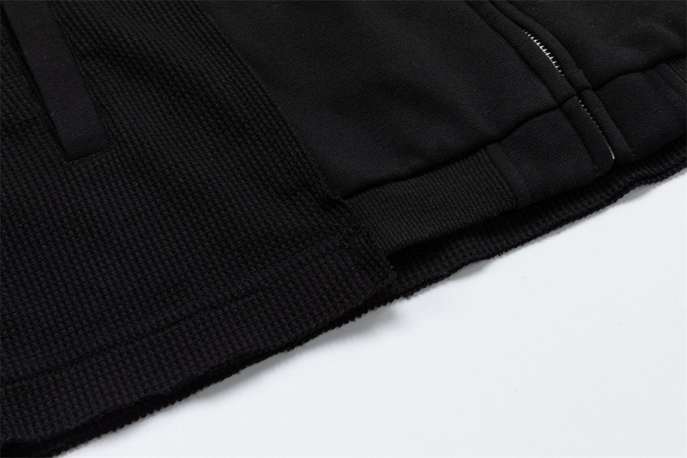 Black Bomber Jacket with Rhinestone Number Print & Mixed-Texture Panels