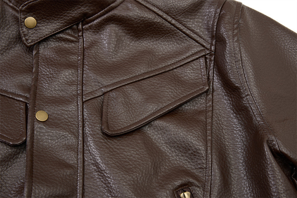 Men's Vintage Leather Bomber Jacket – Stand Collar PU Leather with Snap Buttons