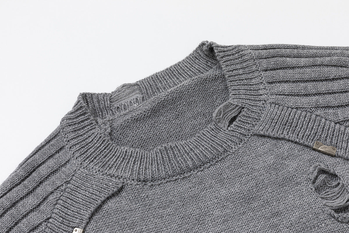 Distressed Graphic Knit Sweater – Raglan Ribbed Sleeve, Rock Print, Grey