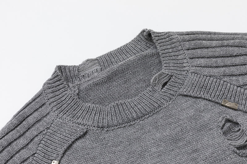 Distressed Graphic Knit Sweater – Raglan Ribbed Sleeve, Rock Print, Grey