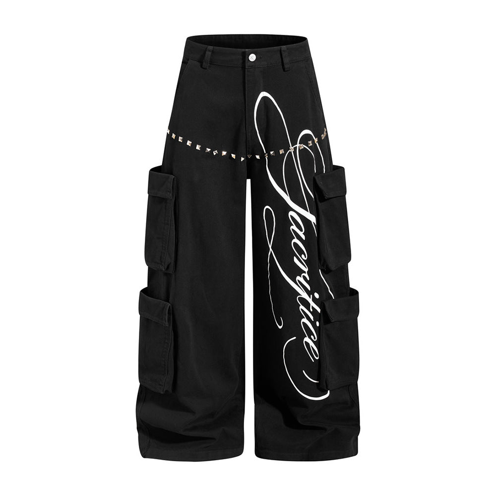Men's Black Cargo Pants Wide-Leg Script Print with Rivet Detail