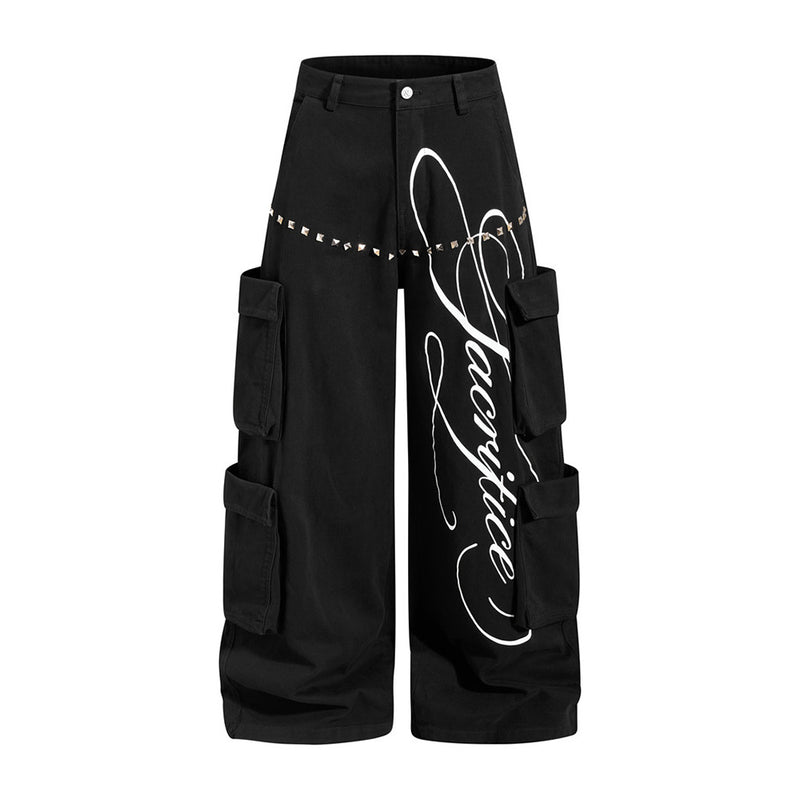 Men's Black Cargo Pants Wide-Leg Script Print with Rivet Detail