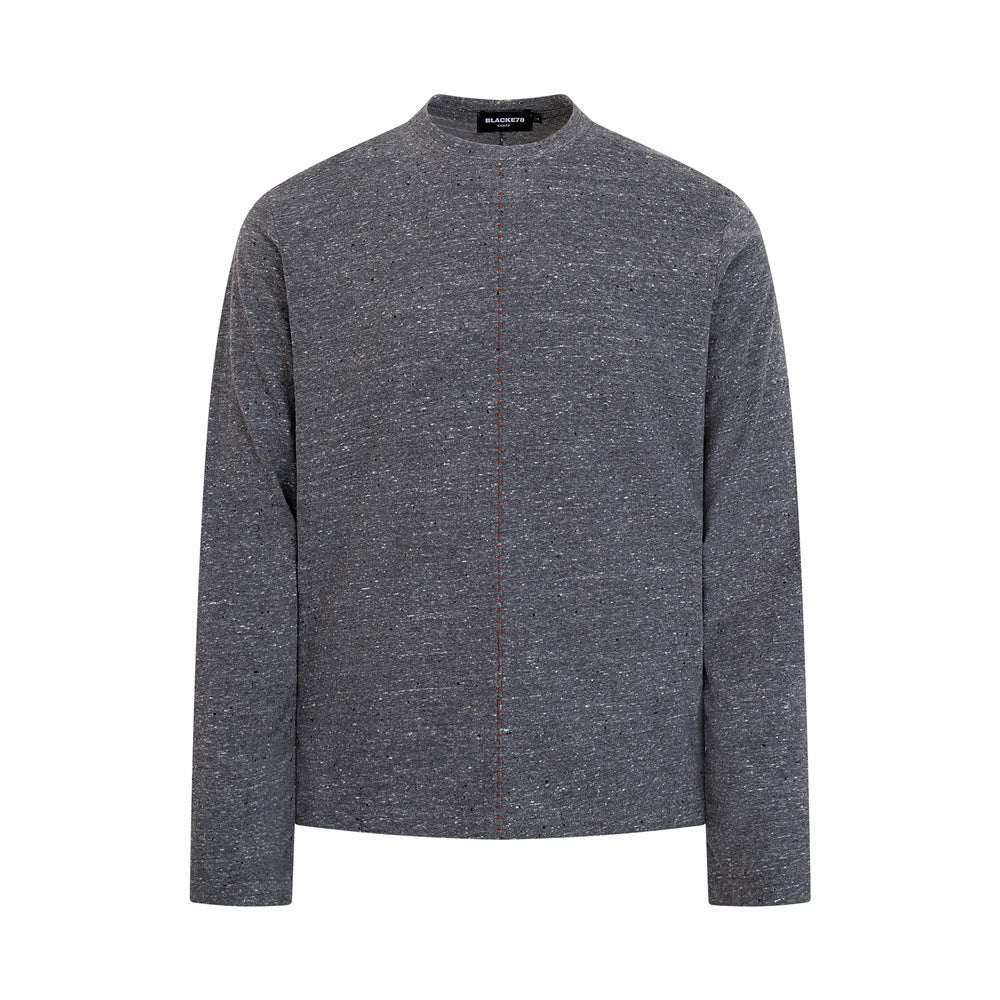 BLACKE78 speckled long-sleeve mock neck tee in heather grey with red center seam detail, relaxed boxy fit