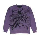 The Solo Leveling Premium Knit Sweater features a Sung Jinwoo Shadow Monarch jacquard design with dynamic black shapes on purple knit fabric. Long-sleeved and ideal for any fan, this stylish garment is perfect for showcasing your love of Solo Leveling.