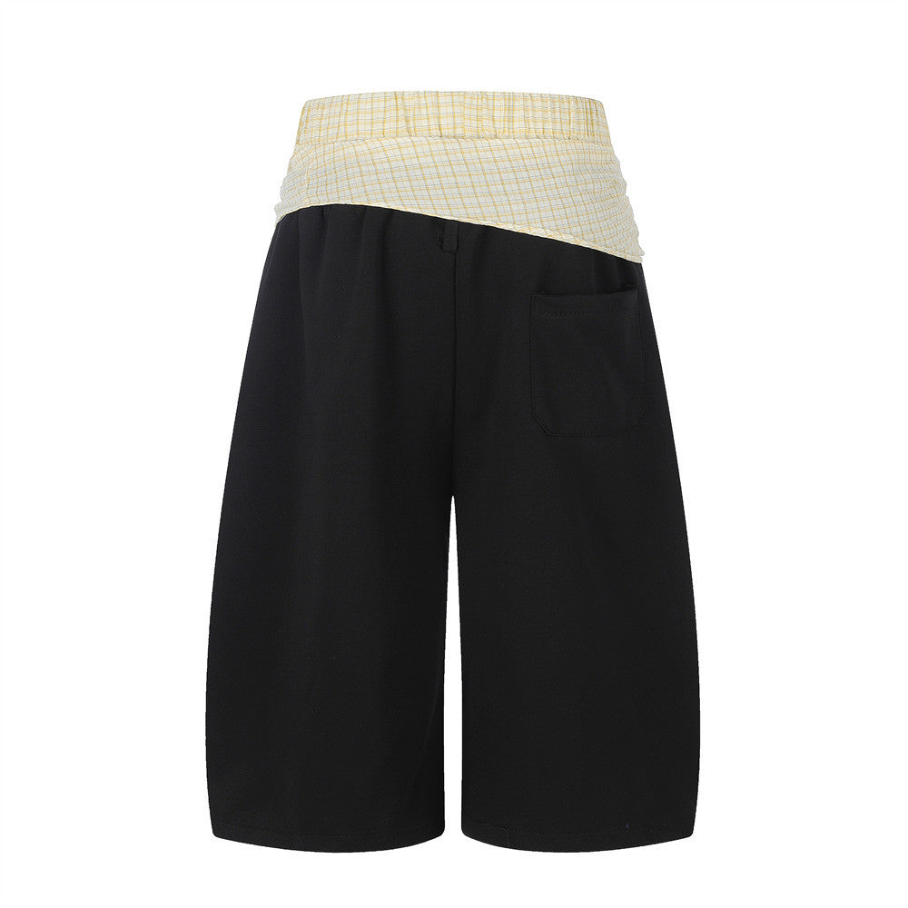 Fake Two-Piece Plaid Splice Double Waistband Shorts – Men's Loose Fit Street Sty