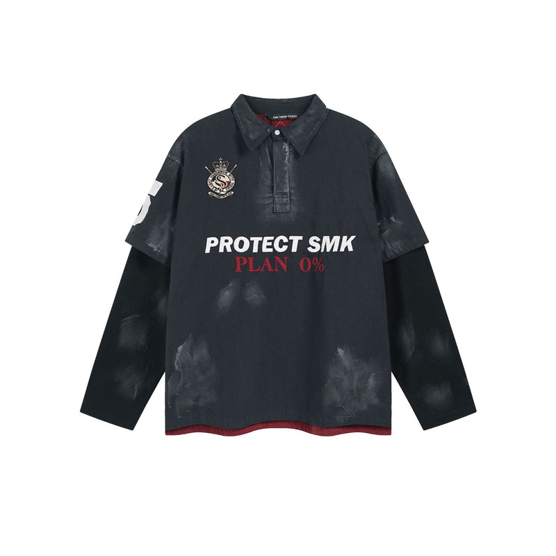 Polo de rugby oversize con lavado ácido – Mangas de falsa capa y bordado de gran tamaño
