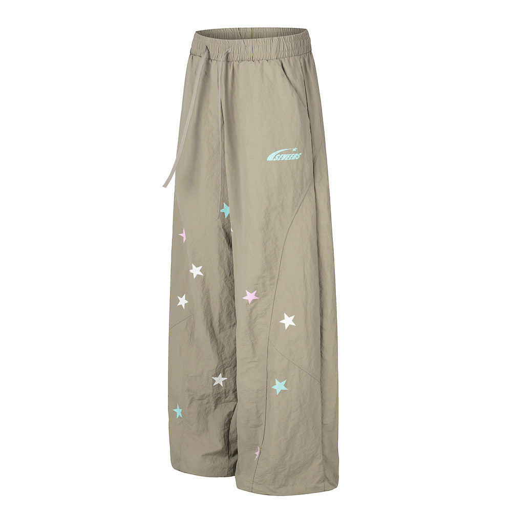 Star Print Wide Leg Parachute Pants – Drawstring Baggy Track Trousers
