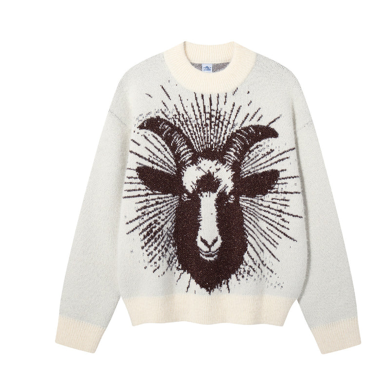 Ram Jacquard Crew Neck Knit Sweater – Oversized Streetwear Pullover