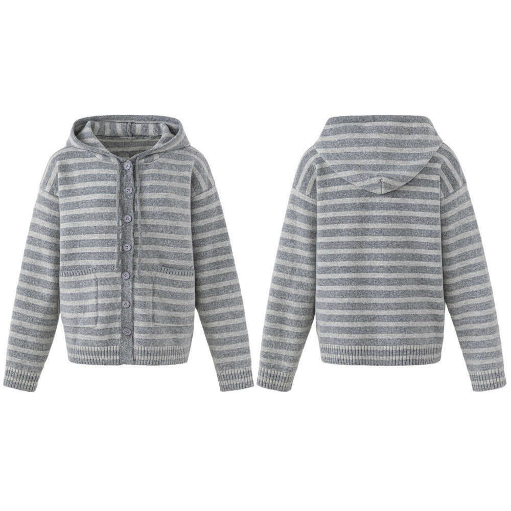Striped Hooded Knit Cardigan Sweater – Relaxed Fit Button-Front