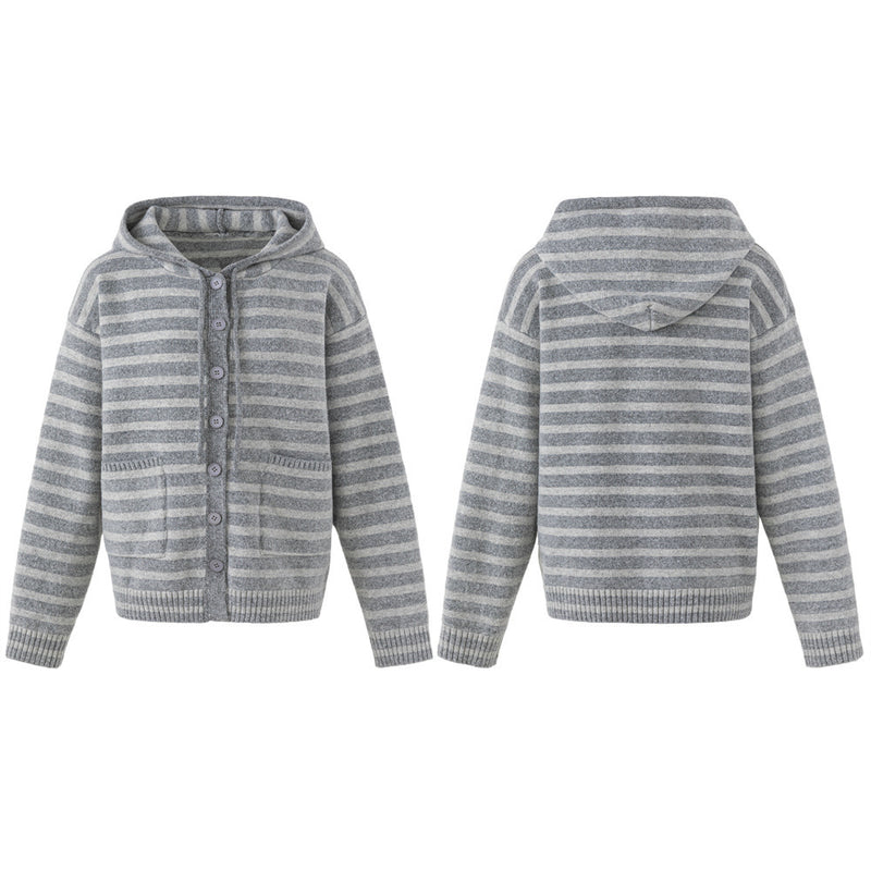 Striped Hooded Knit Cardigan Sweater – Relaxed Fit Button-Front