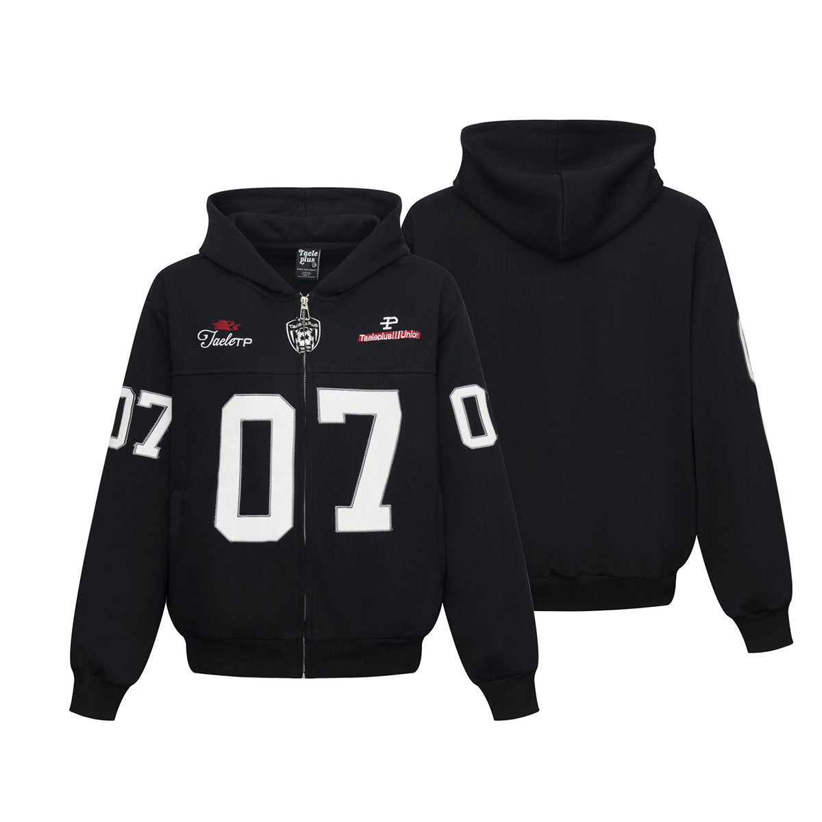 Sweat à capuche bleu zippé intégral avec patch brodé du numéro varsity 07