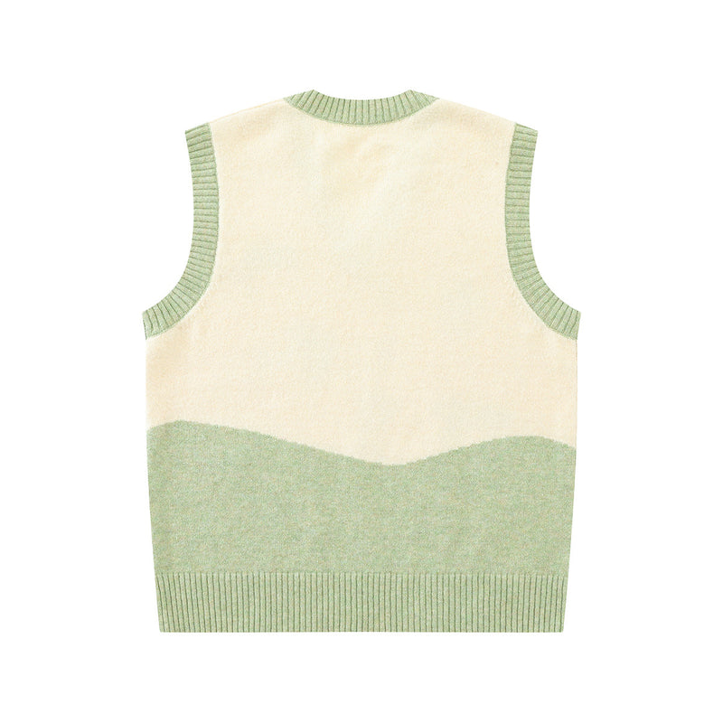 Cartoon Embroidered Knit Sweater Vest – V-Neck Colorblock College Style
