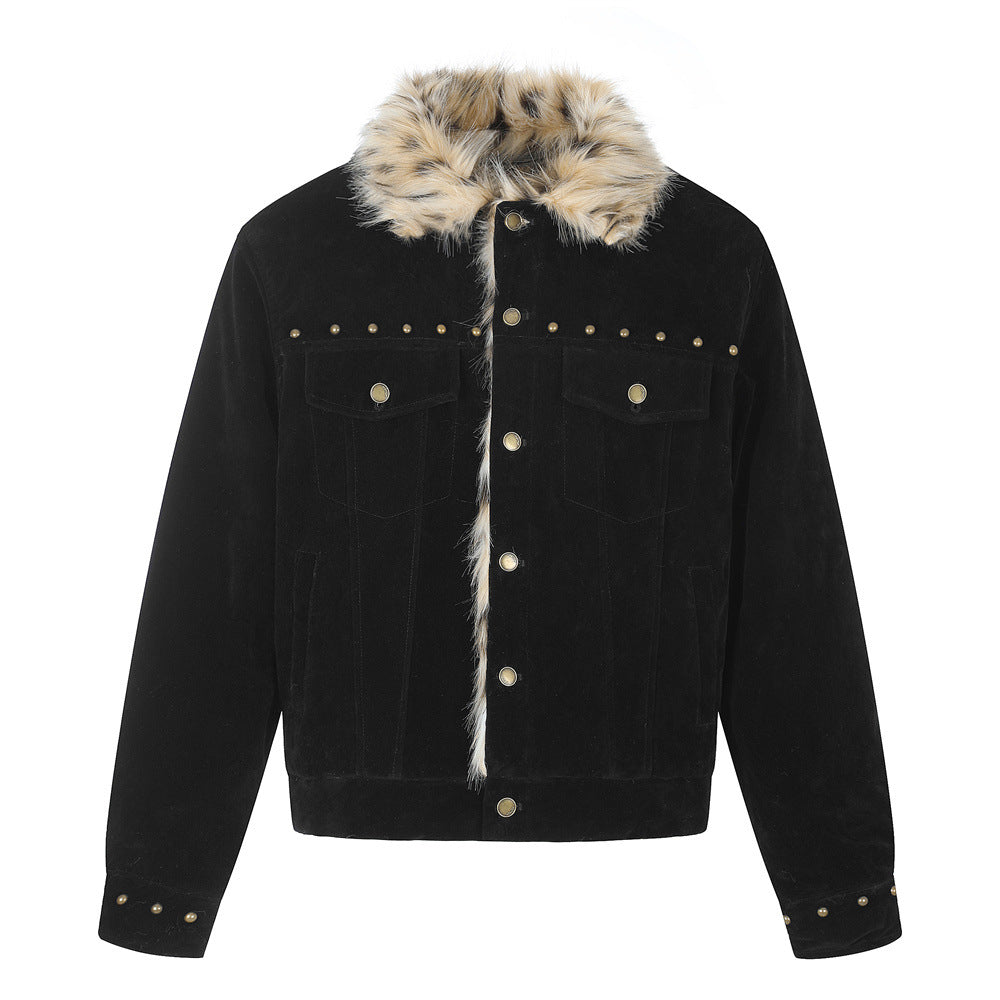 Men's Winter Jacket Faux Fur Collar Studded Snap-Button Coat