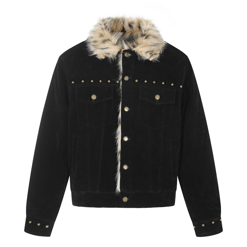 Men's Winter Jacket Faux Fur Collar Studded Snap-Button Coat