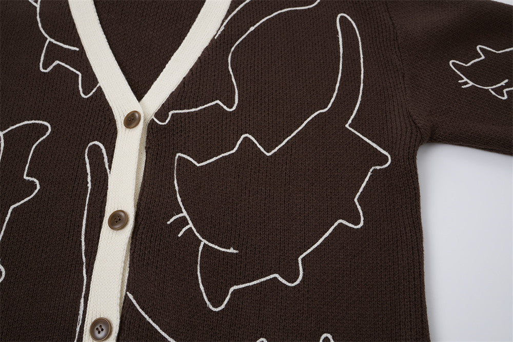 Gilet cardigan en maille motif contour de chat – Col V oversize boutonné avec finition effilochée