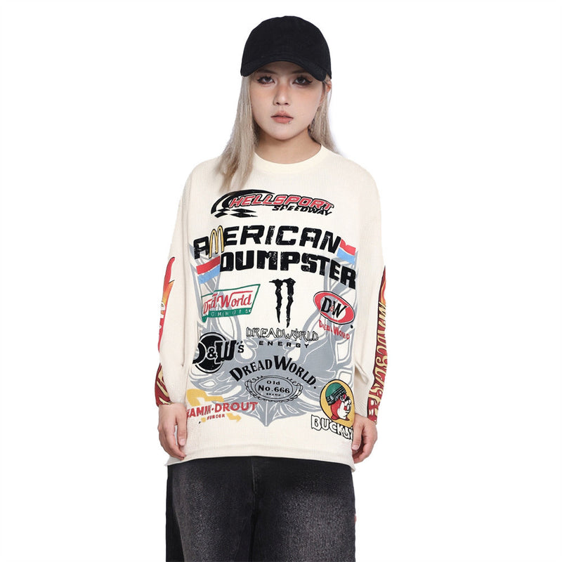 American Dumpster Hellsport Graphic Long-Sleeve Waffle-Knit Tee – Oversized