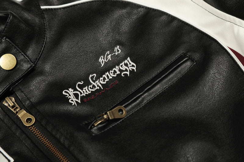 Veste moto de course en similicuir PU – Blouson biker noir à empiècements contrastants