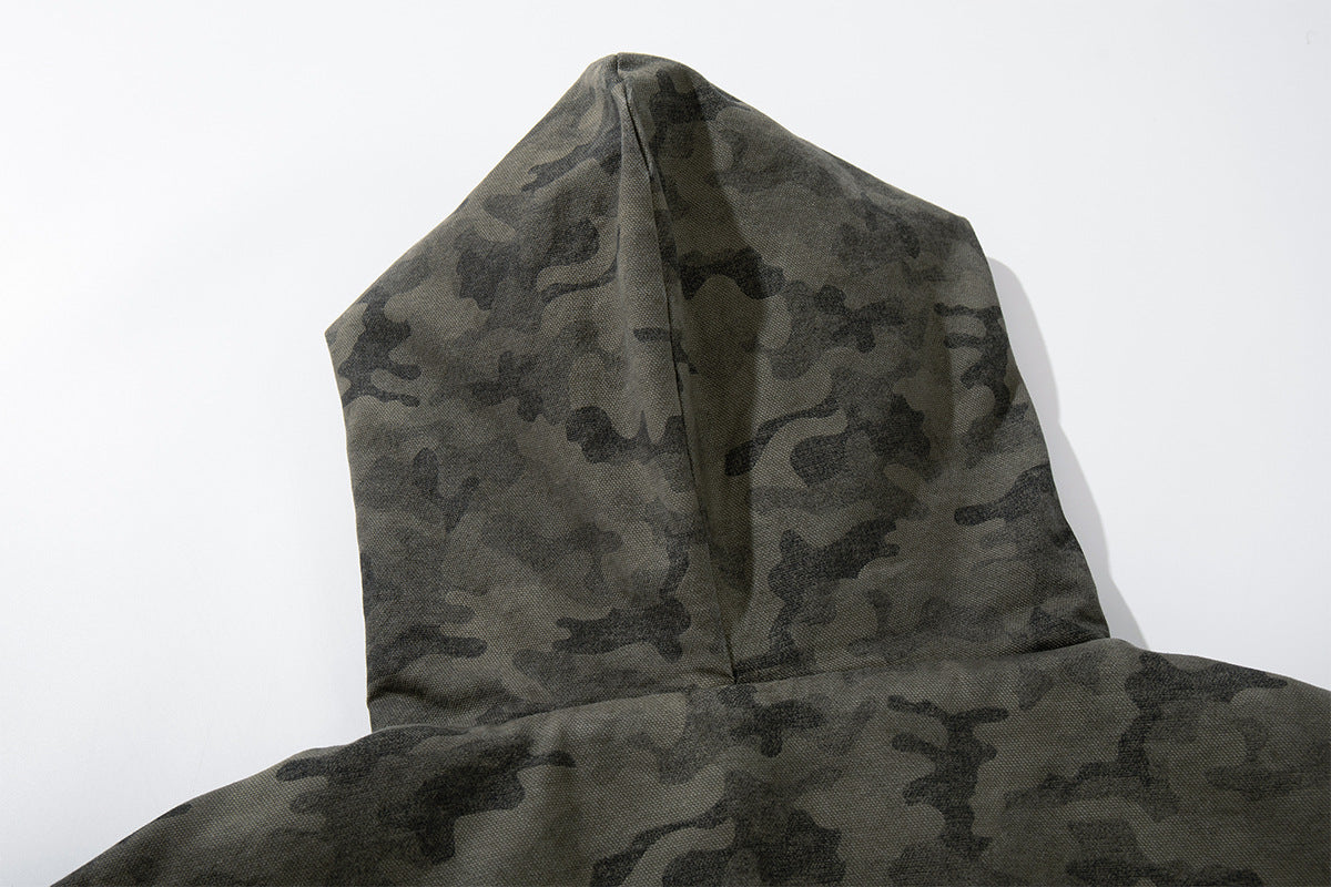 Camo Sherpa-Lined Hooded Bomber Jacket with Studded Hood