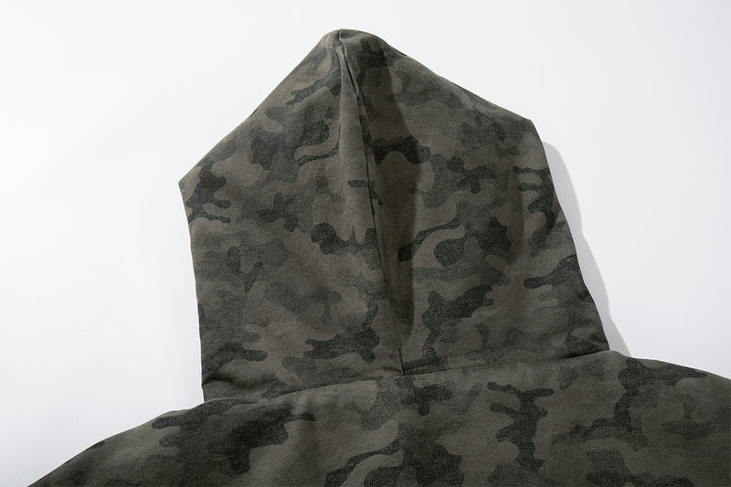 Camo Sherpa-Lined Hooded Bomber Jacket with Studded Hood