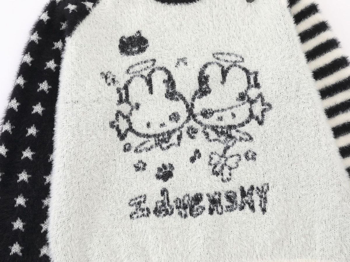 Cartoon Rabbit Angel Knit Sweater – Mixed Star & Stripe Fuzzy Pullover with