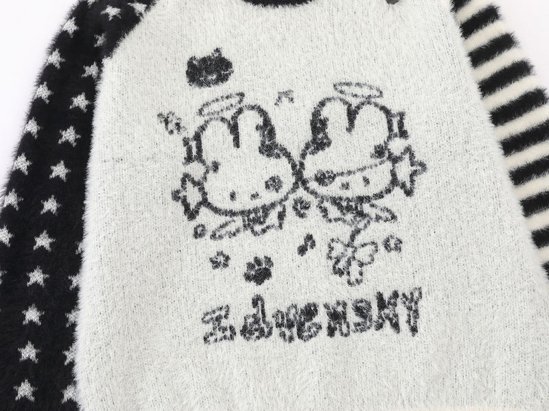 Cartoon Rabbit Angel Knit Sweater – Mixed Star & Stripe Fuzzy Pullover with