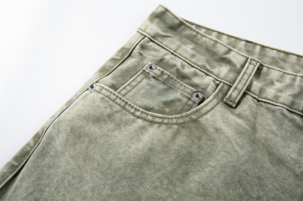 Wide-Leg Cargo Pants with Tribal Graphic & Letter Print – Acid Wash Army Green