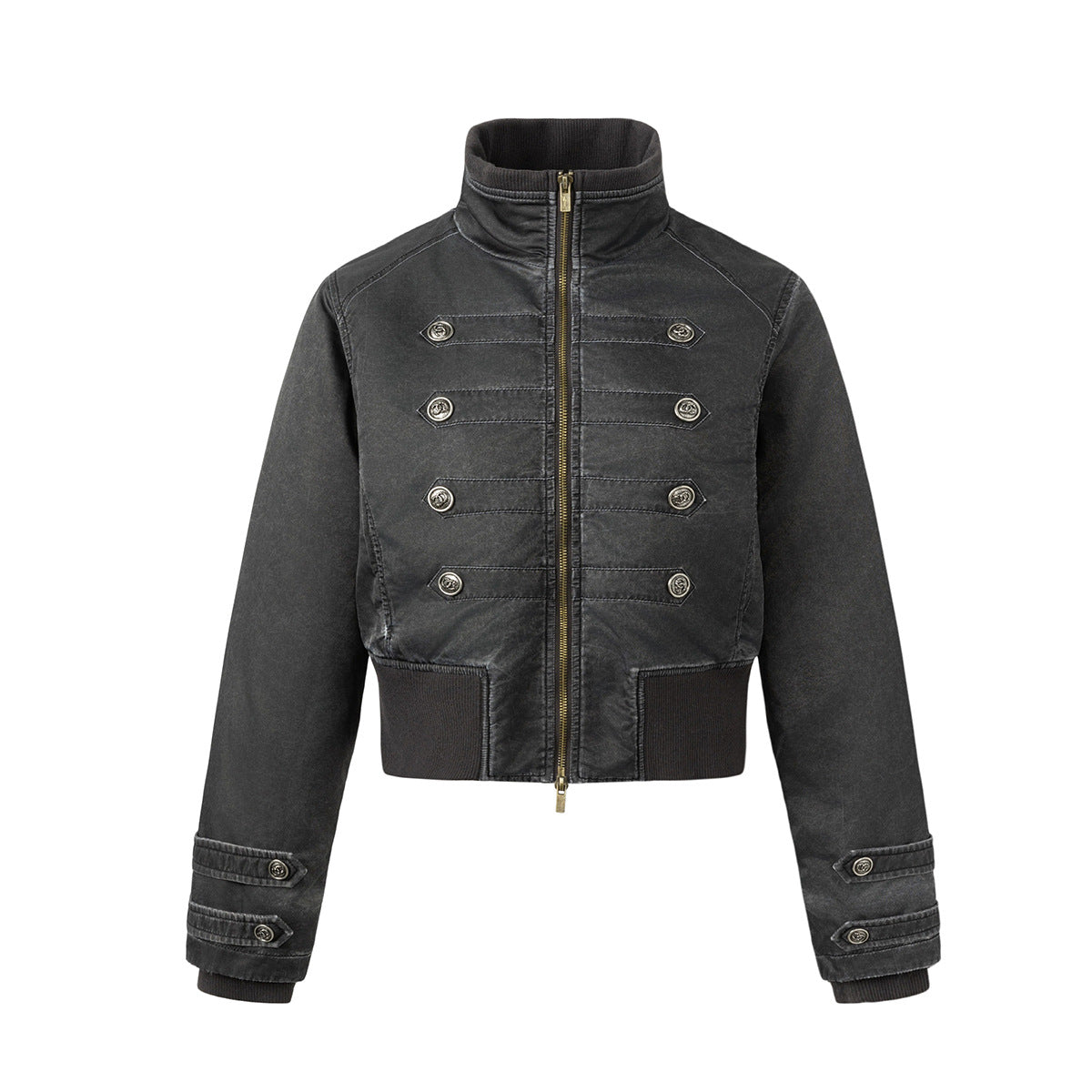 Military-Style Padded Bomber Jacket – Stand Collar, Double-Breasted Buttons