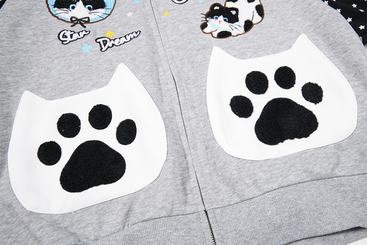 Hoodie zippé à oreilles de chat avec manches raglan étoilées et poches-pattes