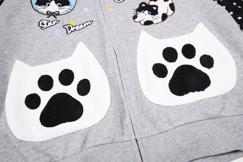 Hoodie zippé à oreilles de chat avec manches raglan étoilées et poches-pattes