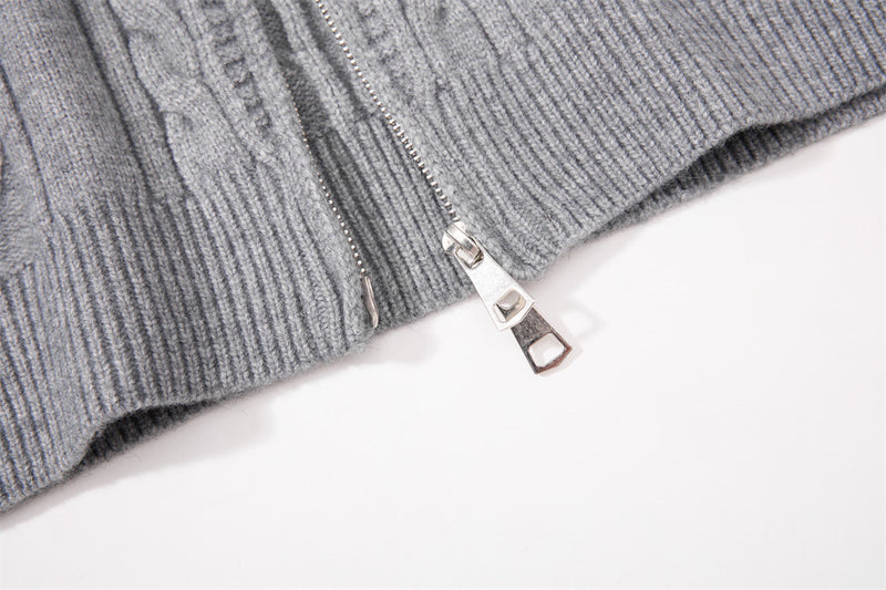 Sweat à capuche zippé en maille torsadée à motif losanges et capuche à cordon