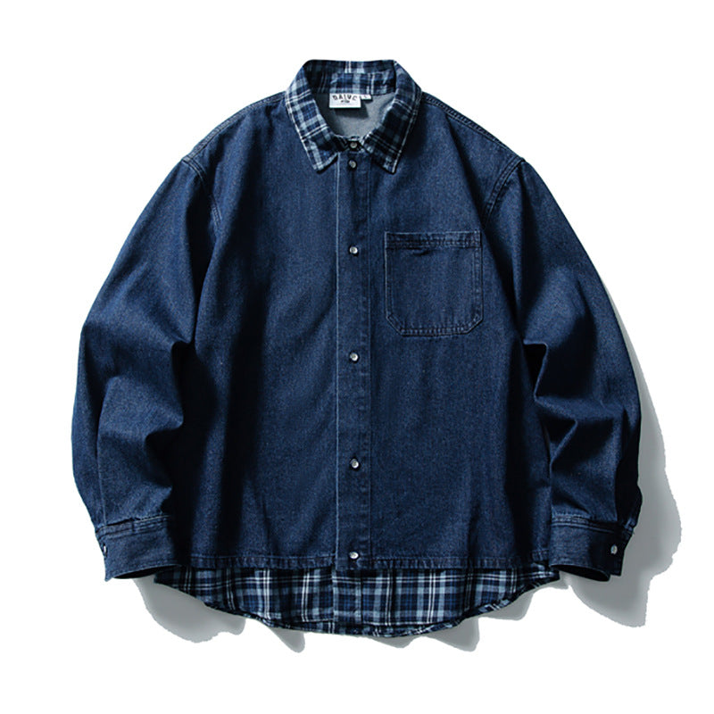 Long Sleeve Oversized Shirt – Denim & Plaid Splice Faux Two-Piece Design