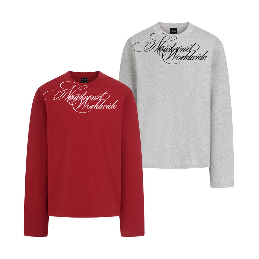 T-shirt Newtrend Worldwide à manches longues, avec imprimé en écriture manuscrite, rouge et gris chiné, coupe streetwear décontractée