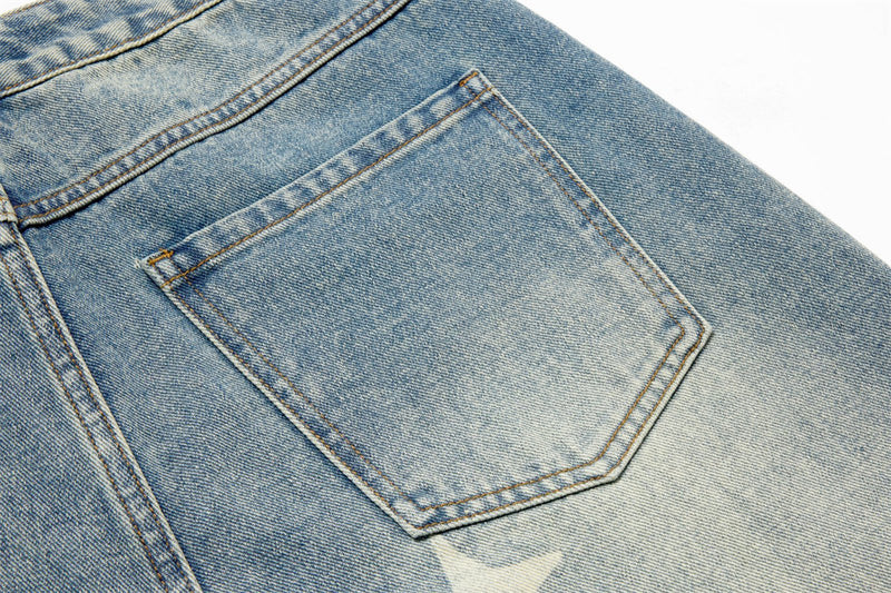 Jeans Star Print Baggy Wide-Leg Men – Washed Light Blue Straight Trousers