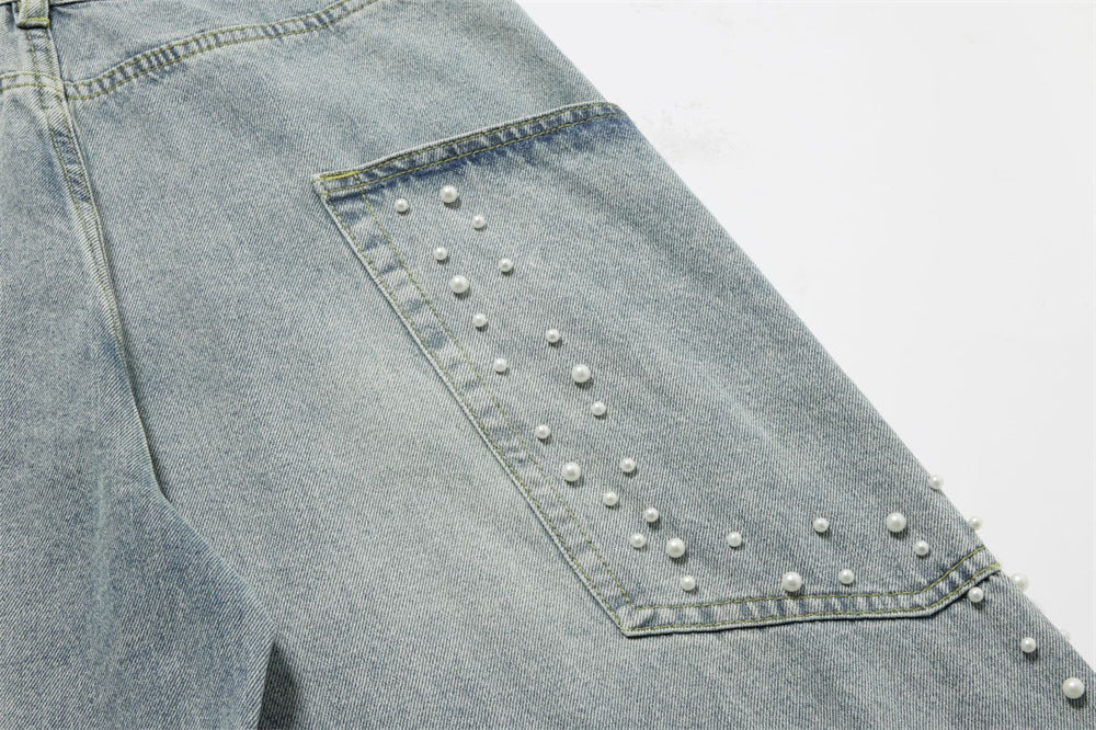 Pearl-Studded Wide-Leg Denim Cargo Jeans – Vintage Washed Scimitar Cut