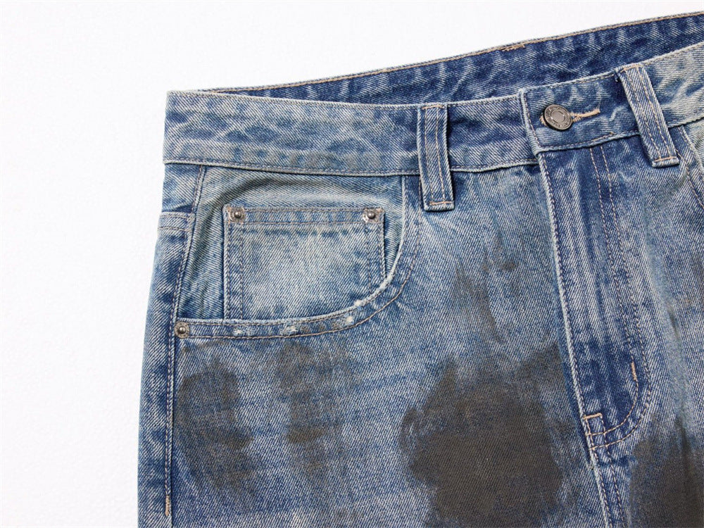 Wide-Leg Distressed Jeans – Dirty Wash Tie-Dye Ripped Denim, Relaxed Fit