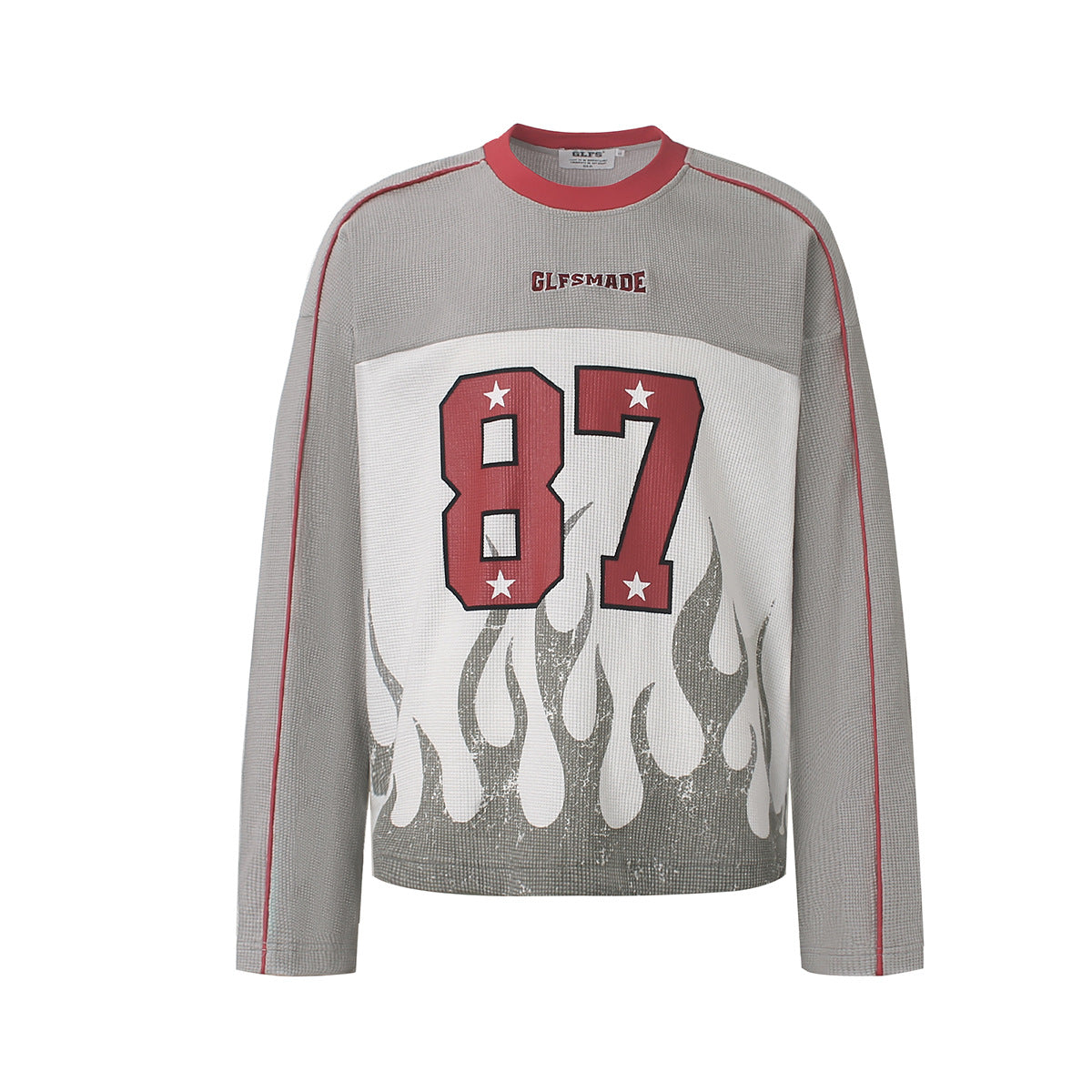 GLFSMADE 87 flame print long sleeve graphic shirt in grey with red trim and distressed fire design