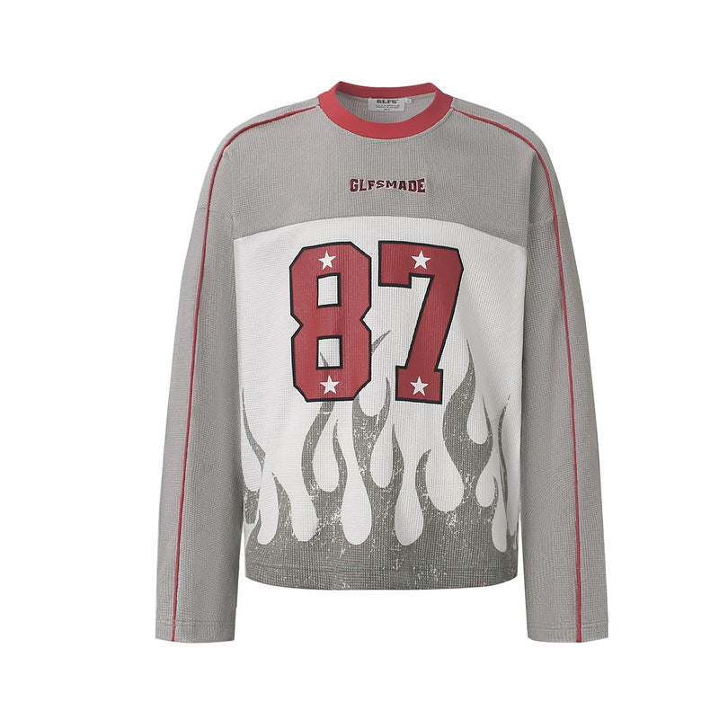 GLFSMADE 87 flame print long sleeve graphic shirt in grey with red trim and distressed fire design