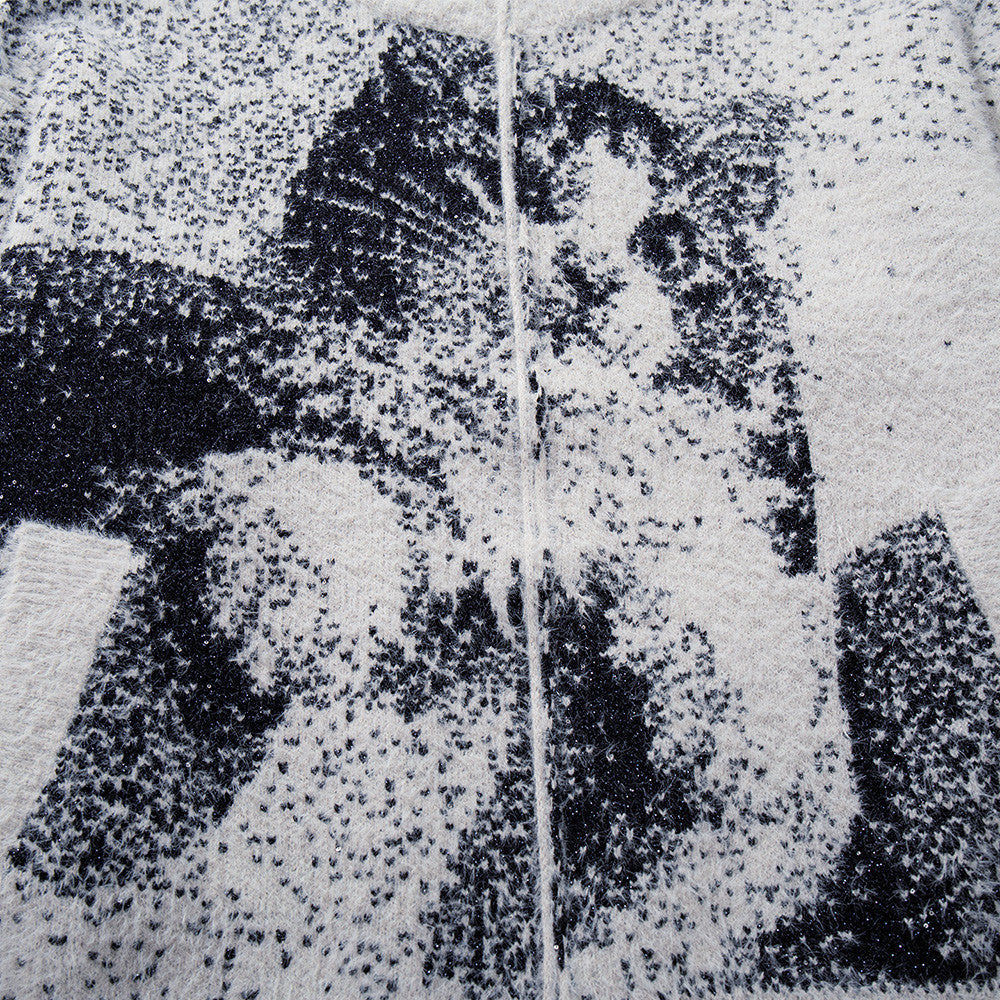 Katzen-Jacquard-Strick-Cardigan mit Reißverschluss – Oversized-Stehkragen