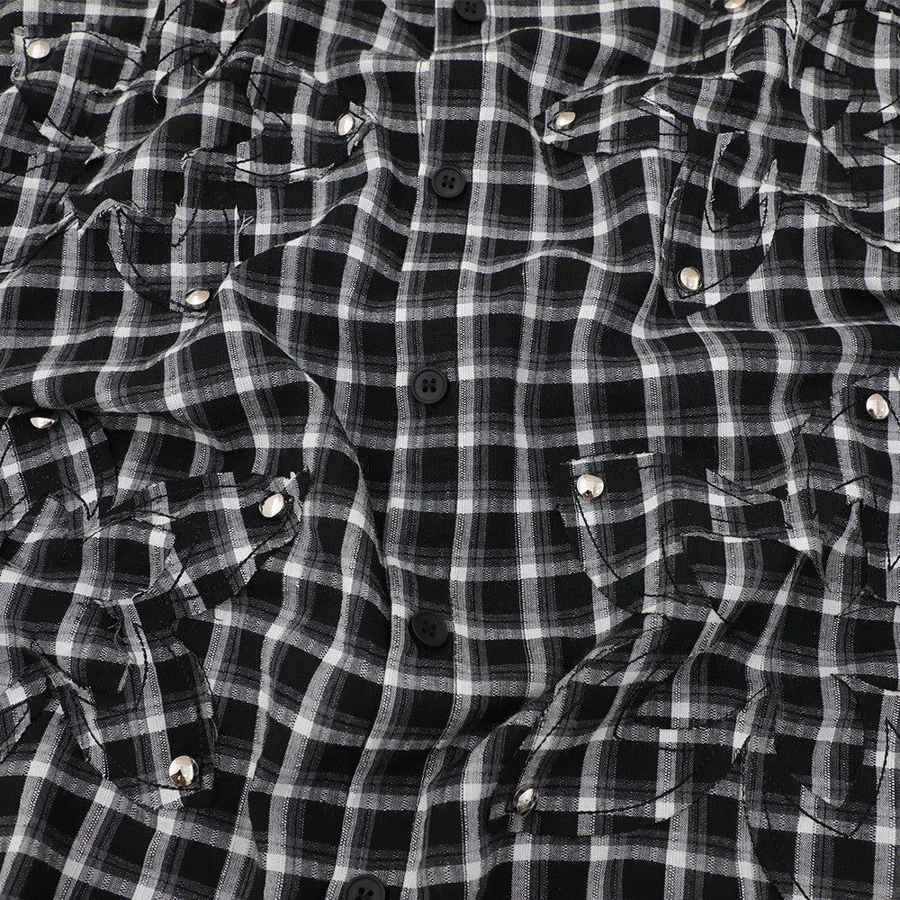 Plaid Long Sleeve Shirt – Oversized Fit with Raw-Edge Appliqué Detail