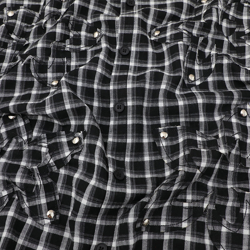 Plaid Long Sleeve Shirt – Oversized Fit with Raw-Edge Appliqué Detail