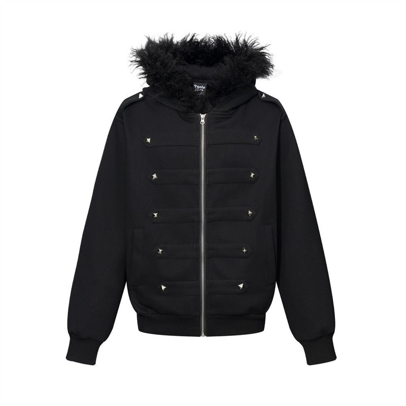 Sweat à capuche noir zippé avec col en fausse fourrure et détails cloutés métalliques
